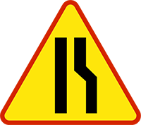 znak: prawostronne zwężenie jezdni